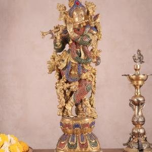 Antique Brass Handcrafted Krishna Statue 30" | Intricate Jewel Studded Diamond Ruby Work | 18 kg Timeless Elegance | Spiritual Presence for Any Setting